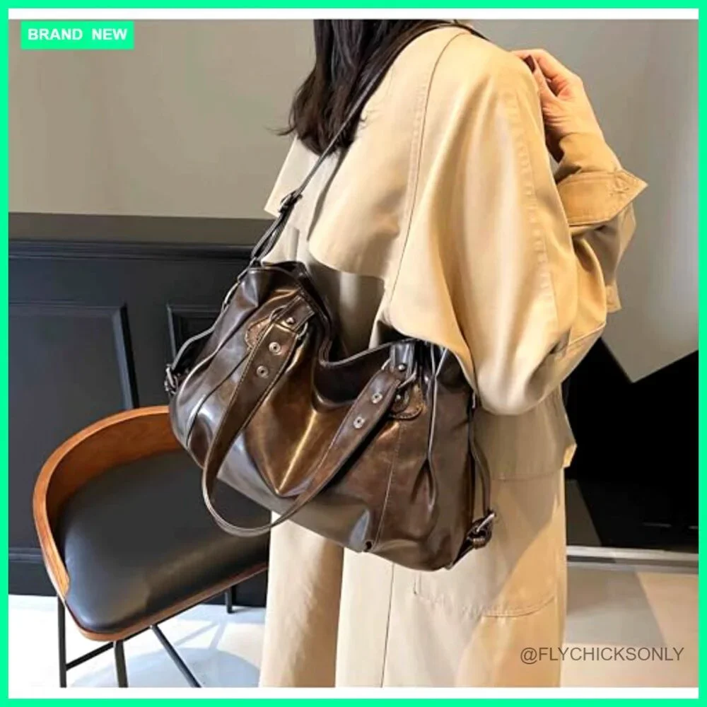 Large Vintage Hobo Shoulder Bag, Vegan Leather Crossbody Purse, Adjustable Strap